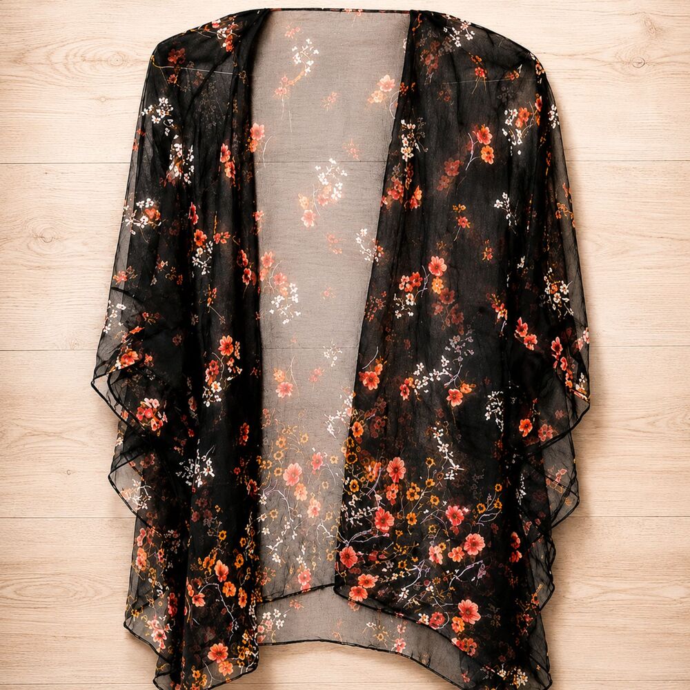 Rewind Black Floral Kimono Cardigan M Sheer Open Front Ruffle Boho Festival